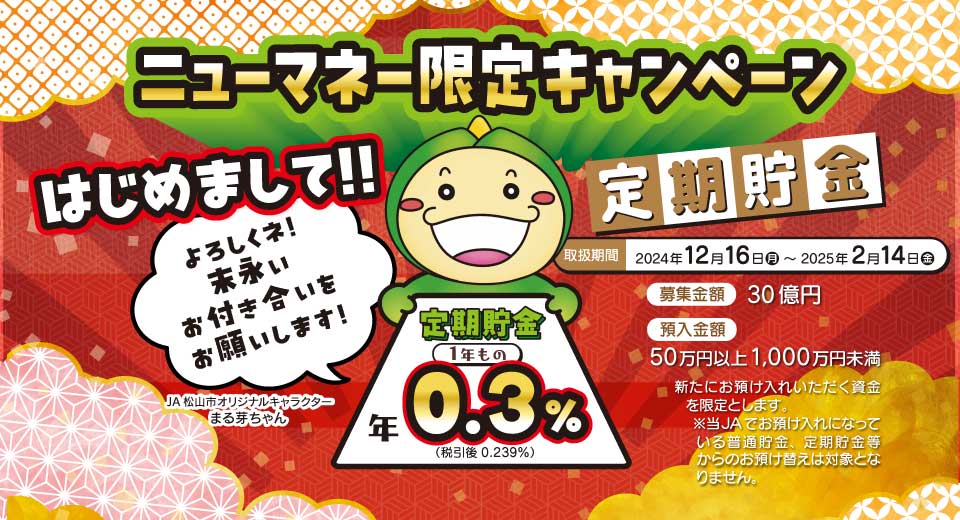 ニューマネー限定キャンペーン「はじめまして定期貯金」（2024年12月16日～2025年2月14日）