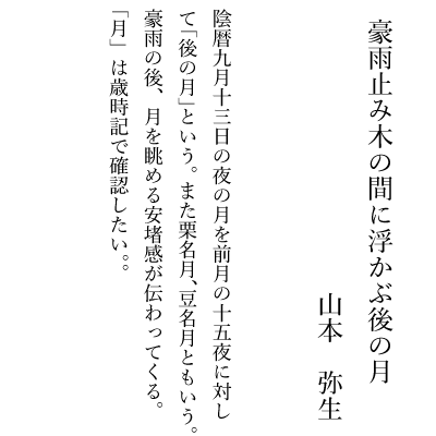 豪雨止み木の間に浮かぶ後の月　山本　弥生
